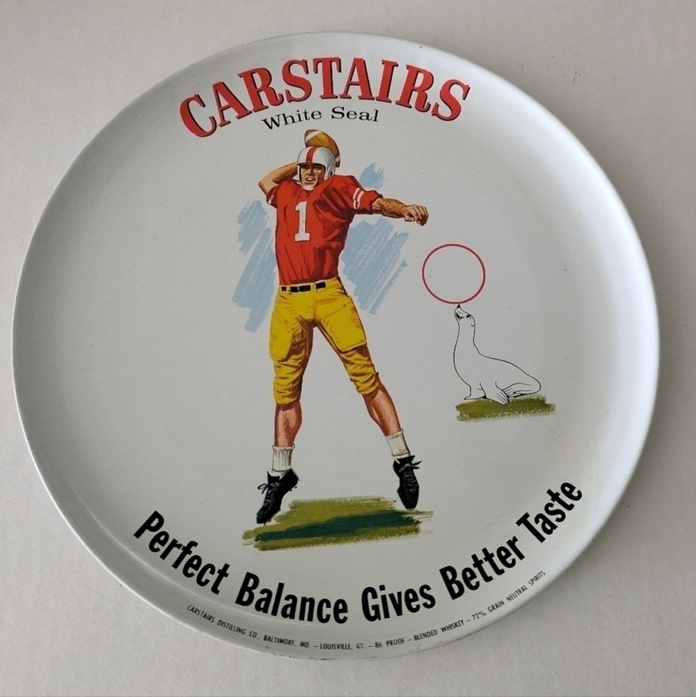 Vintage Carstairs White Seal Whiskey Round Display Football Player Tin Sign